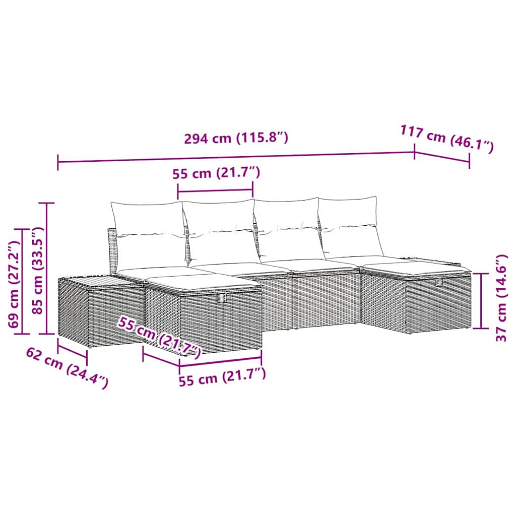 Garten-Sofa-Set mit Kissen 6 pcs Schwarz Poly Rattan